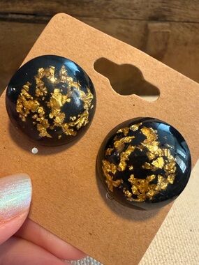 Vintage Black Resin Button Earrings with Gold Leaf Accent